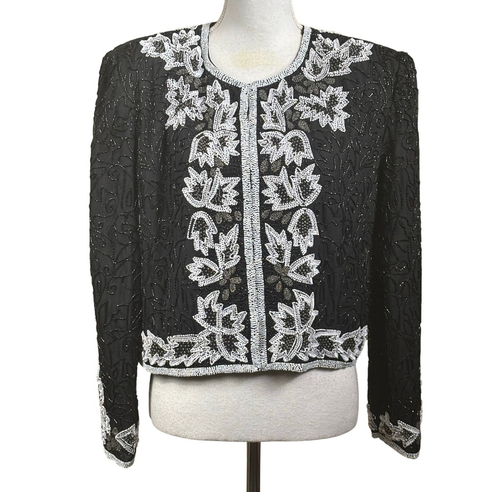 Vintage Night Vogue Black White Beaded Silk Evening Jacket Large Glam Trophy